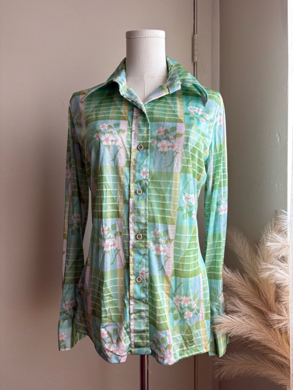vintage 70s try 1 floral abstract button front long sleeve